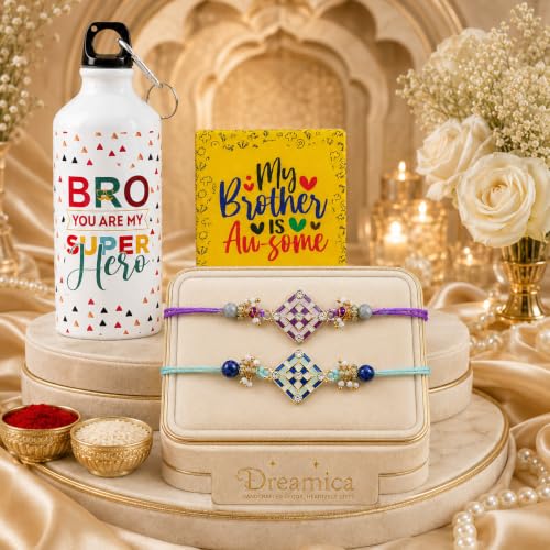 Image of Dreamica Designer Set of 2 Rakhi, 600 ML Best Bro Sipper, Fridge Magnet, Greeting Card and Tilak Set | Best Rakhi Gift for Brother