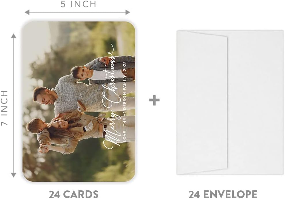 Andaz Press Personalized Photo Christmas Cards with Envelopes, 5x7-Inch Holiday Cards custom christmas cards Merry Christmas Photo Frame Greeting Cards for Family and Friends, 24-Pack