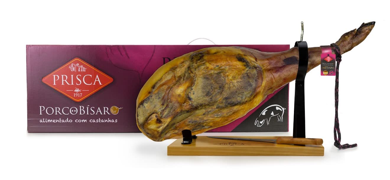Jamón Curado de Cerdo Bísaro Celta Alimentado con Castañas | Gourmet Portugués | Incluye Jamonero y Cuchillo