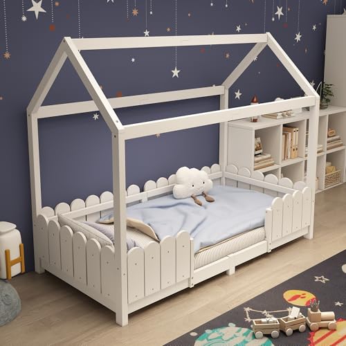 Goeria Cama de casa de 90 x 200 cm, versátil de madera para niños y niñas, con protección anticaída y somier, sin colchón (blanco)