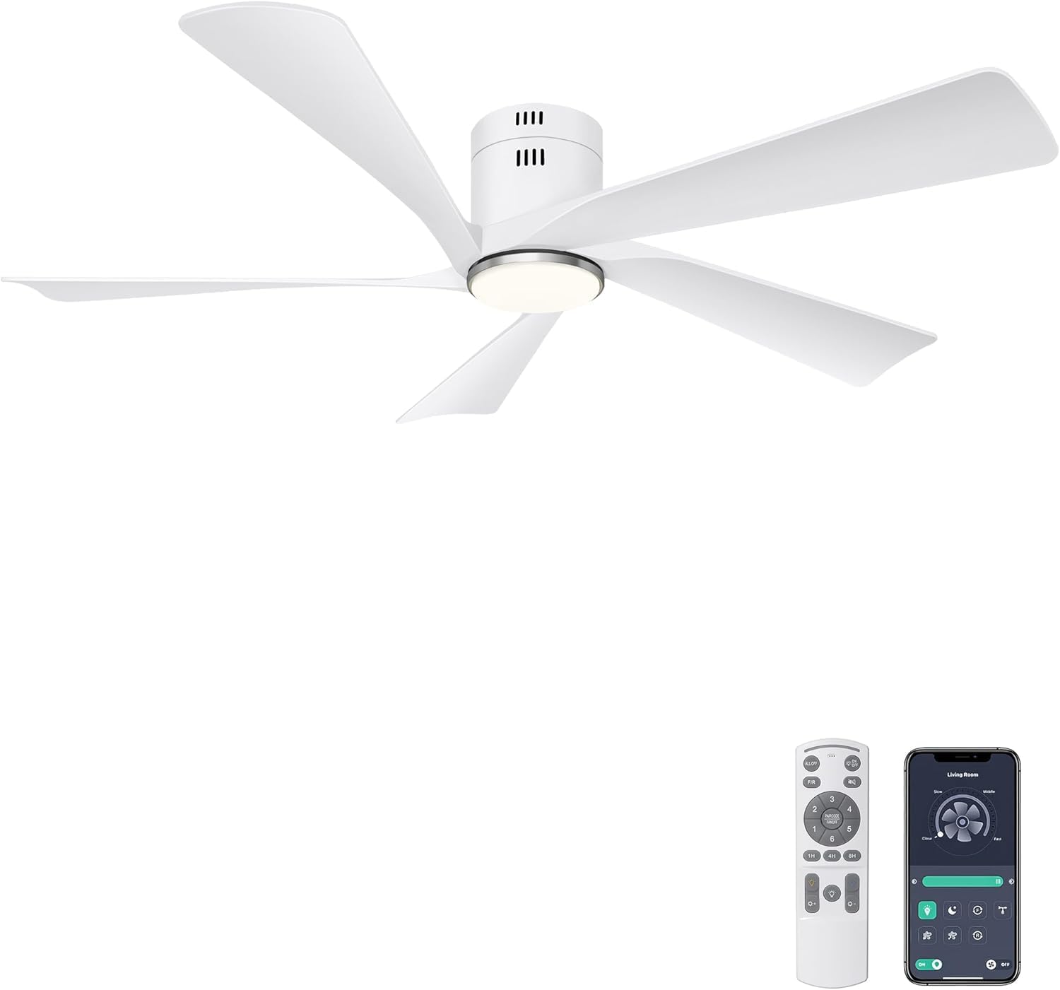 Ohniyou 52” Flush Mount Ceiling Fan with Lights, Remote & APP Control Low Profile Indoor Outdoor Ceiling Fans, Dimmable, Quiet DC Motor, Reversible, White