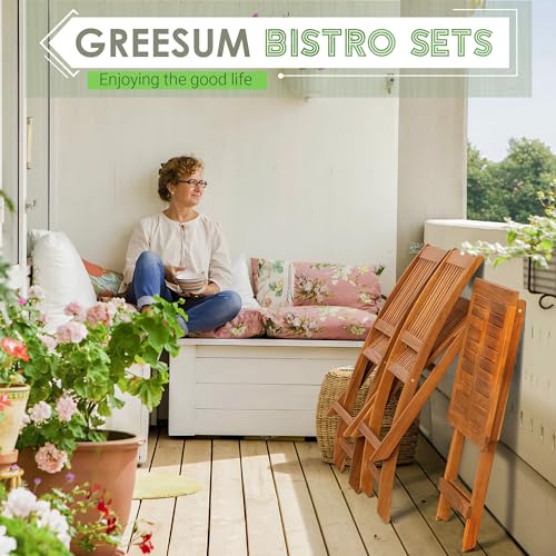 Image of Greesum 3 Piece Patio Folding Furniture Bistro Set with 2 Cushions for Pool Beach Backyard Balcony Porch Deck Garden, Acacia Wood