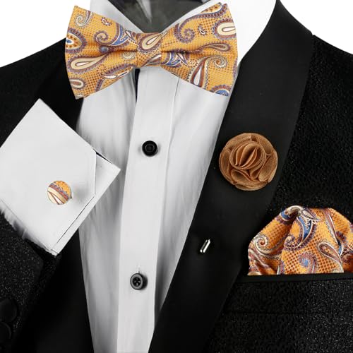 Image of Alizeal Mens 4pcs Vintage Paisley Bow Tie Set | Pre-tied Pocket Square Cufflinks Boutonniere for Wedding Everyday Use
