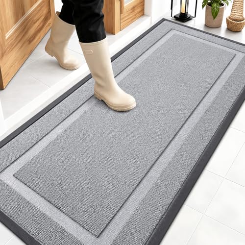 Image of OLANLY Front Door Mat Indoor Outdoor Entrance, Waterproof All-Season, All-Weather Doormat, Sturdy Natural Rubber, Low Profile, Easy Clean Patio Porch Entryway Mat, 59x23, Silver Gray
