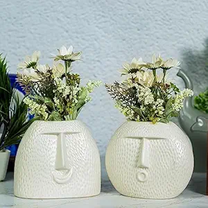 Kaolinite Artisan Handcrafted Ceramic Face Vase | Set of 2 | Premium Flower Pots for Home Decor & Office | 7 Inches