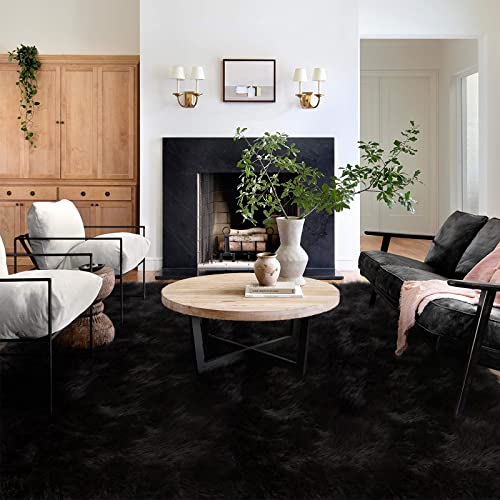 Latepis 9 x 12 Area Rug for Living Room Black Fur Faux Sheepskin Fluffy Rug for Bedroom Big Shag Carpet for Living Room Shaggy Rugs Rectangle