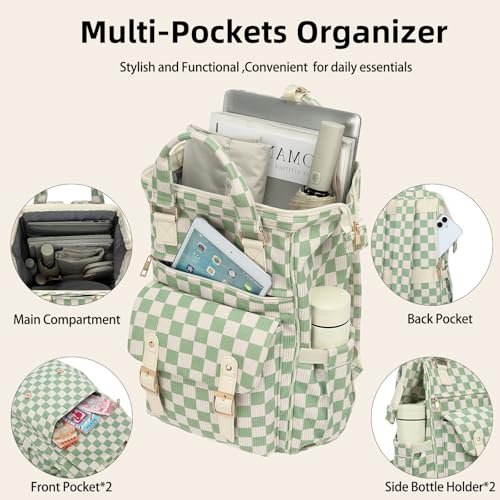 Image of Corduroy Laptop Backpack for Women 15.6 Inch Stylish College School Bookbag, Business Work & Travel Computer Backpacks (Checkered Green)