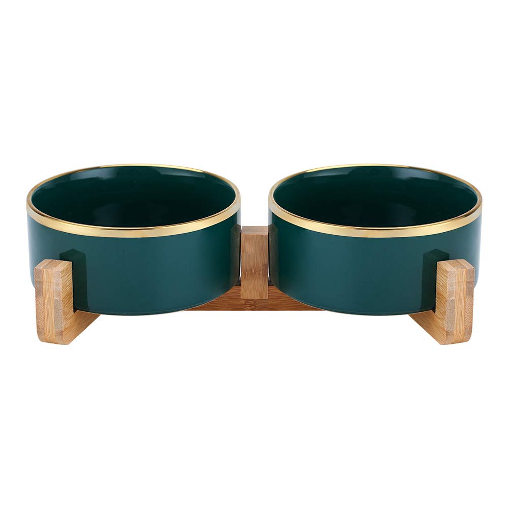 HCHLQLZ Green Gold Ceramic Cat Dog Bowl Dish with Wood Stand No Spill Pet  Food Water Feeder Cats Large Dogs Set of