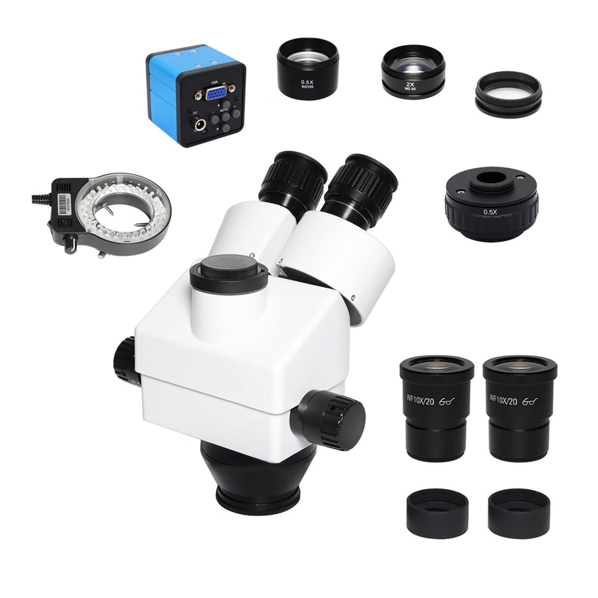 Microscope 3.5X-9 0X 7X-45X White Simul-Focal Trinocular Zoom Stereo Microscope Head 0.5X 2.0X 1x Auxiliary Lens for Phone CPU PCB Repair(VGA add 0.5X Cmount)