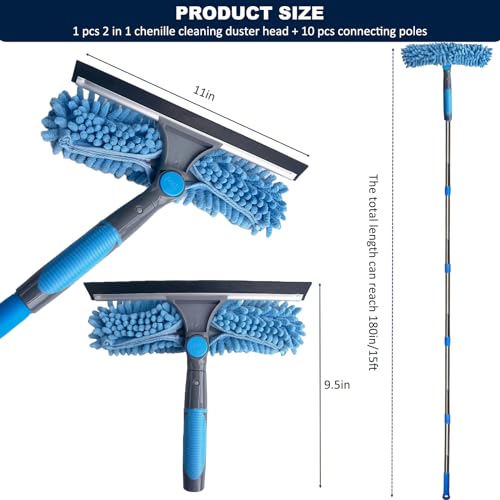 Image of 20+ Feet Reach 2 in 1 Window Washing Squeegee & Duster with 3-14 ft Spliceable Extension Pole / / Window Cleaning Tool & Window Washer Squeegee for Home Indoor Outdoor Window Washing (Blue)