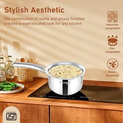 Image of Parage Tripure Tri-Ply Stainless Steel Sauce Pan 16 cm, 1.75 LTR | ISI Mark Certified | Heavy Bottom Steel Pan for Tempering & Cooking | Stay Cool Handle | Induction & Gas Friendly | 5 Years Warranty