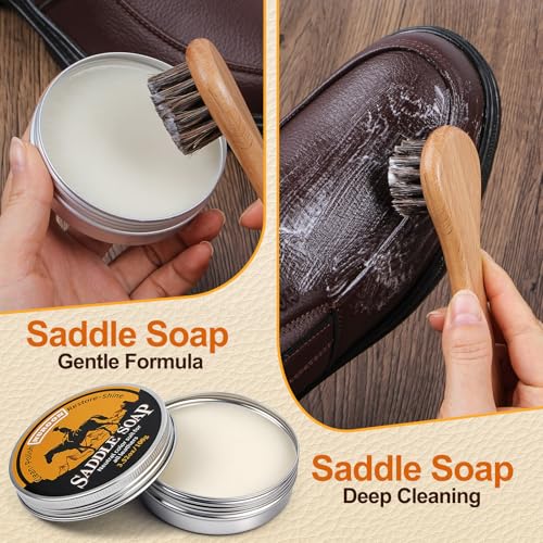 Nuroon 7 Pcs Leather Boots Care Kit-3.52oz Saddle Soap+3.52oz Mink Oil for Leather Shoes Cleaning and Leather Purse Shoes Polishing, Including 2pcs Horsehair Brushes, Shine Cloth and Sponge Pad by Nuroon - Used condition - Image 3