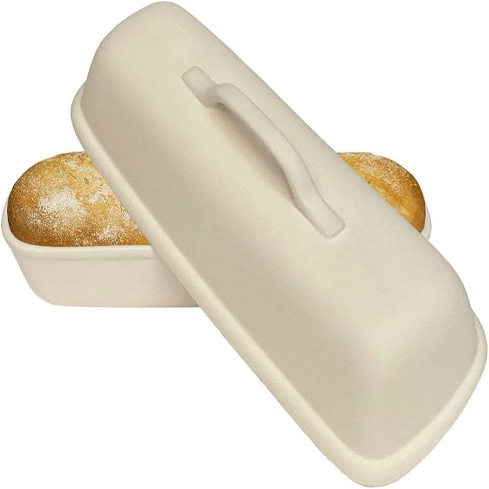 Sassafras Superstone® Covered Bread Baker with Lid - Bisque Glazed Exterior and Unglazed Interior Stoneware Bakeware - Bakes an Artisan Italian Bread with Crusty Crust and a Light Crumb