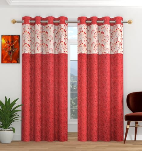 Image of Floral Patch Semi-Sheer Curtains for Window 5 Feet, Pack of 1, Maroon