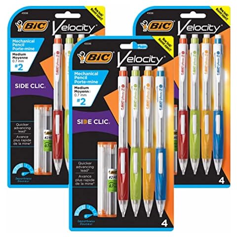 12 x Bic Velocity Mechanical Pencils with 0.7mm Medium Lead, Side-click Lead Advance, Soft Comfort Grip & Durable Eraser - For Art, Drawing, Writing & Sketch Cover