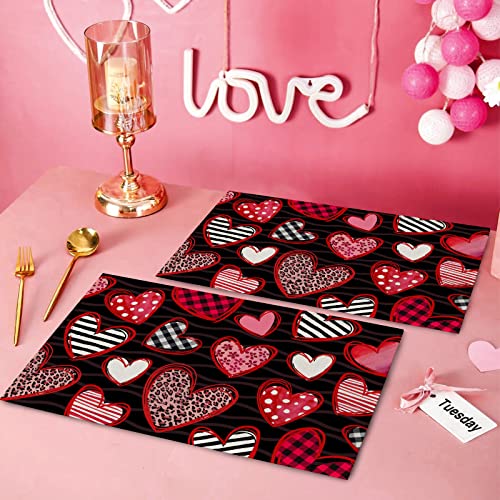 Seliem Red Black Valentine's Day Hearts Placemats Set Of 4, Buffalo Plaid Check Leopard Stripe Love Dining Table Place Mats Home Kitchen Decor, Wedding Anniversary Holiday Decoration 12 X 18 Inch #TOP5