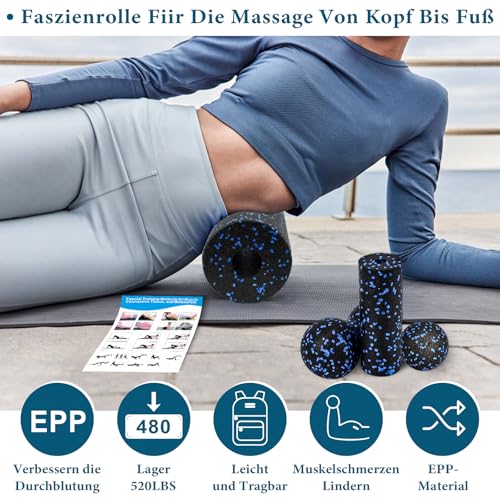 Faszienrolle Set Foam Roller Faszien Set mit Faszienball Mini Faszienrolle Klein und Duoball für Yoga Faszien Training von Muskeln Blue