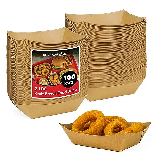100 Pack 2-Lb Brown Kraft Paper Food Trays, Heavy-Duty Paper Food Boat, Disposable Serving Trays for Party Snacks, Hot Dog, Picnic, Taco Bar, Seafood, Nachos Plates, BBQ, Carnival, Birthday Party