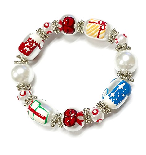 Linpeng 3D Hand Painted Glass Beads Christmas Stretch Bracelet In Bag, Pearly White #TOP2