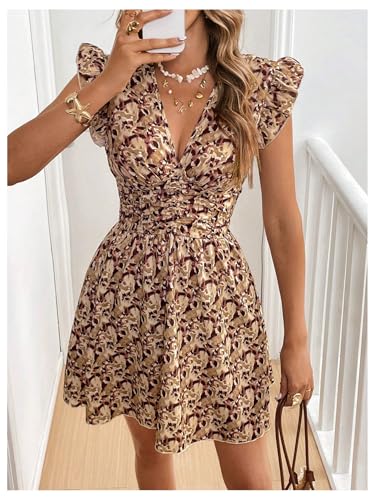 Image of Floerns Women's Printed V Neck Ruffle Cap Sleeve Dress Ruched A Line Mini Dresses