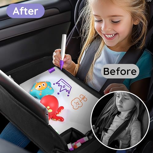 Image of Kids Travel Tray, Kids Travel Trays for Car Seat, Road Trip Essentials for Toddler, Carseat Lap Tray with Dry Erase Board & Storage Organizer for Road Trip Activities for Kid, Black