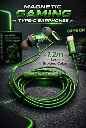 Image of Gaming Type-C Wired Earphone with Mic, 10mm Dynamic Bass Driver, Magnetic in-Ear Headphones, Low Latency Sound for Gaming, 1 Button Control, HD Calling, Voice Assistant, (Light Green)