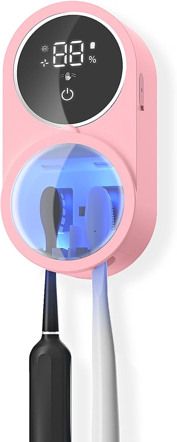 Toothbrush Holder and Cleaner Razor Holder/Dryer Light Cleaning and Air Drying Automatic Ratating Cover Rechargeable Wall Mounted for Bathroom Portable for Trip