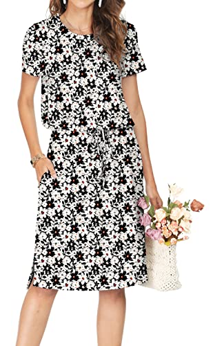 Image of Simier Fariry Women Summer Sleeve Modest Work Casual Midi Knee Dress Hide Belly Travel Outfit Floral White XL