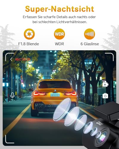 GKU 4K Dashcam Auto,Dashcam Auto Vorne, Auto Kamera mit integriertem WLAN,170° Weitwinkel,Nachtsicht,WDR,24H Parküberwachung,Loop-Aufnahme,G-Sensor,Dash cam inklusive 64GB SD Karte