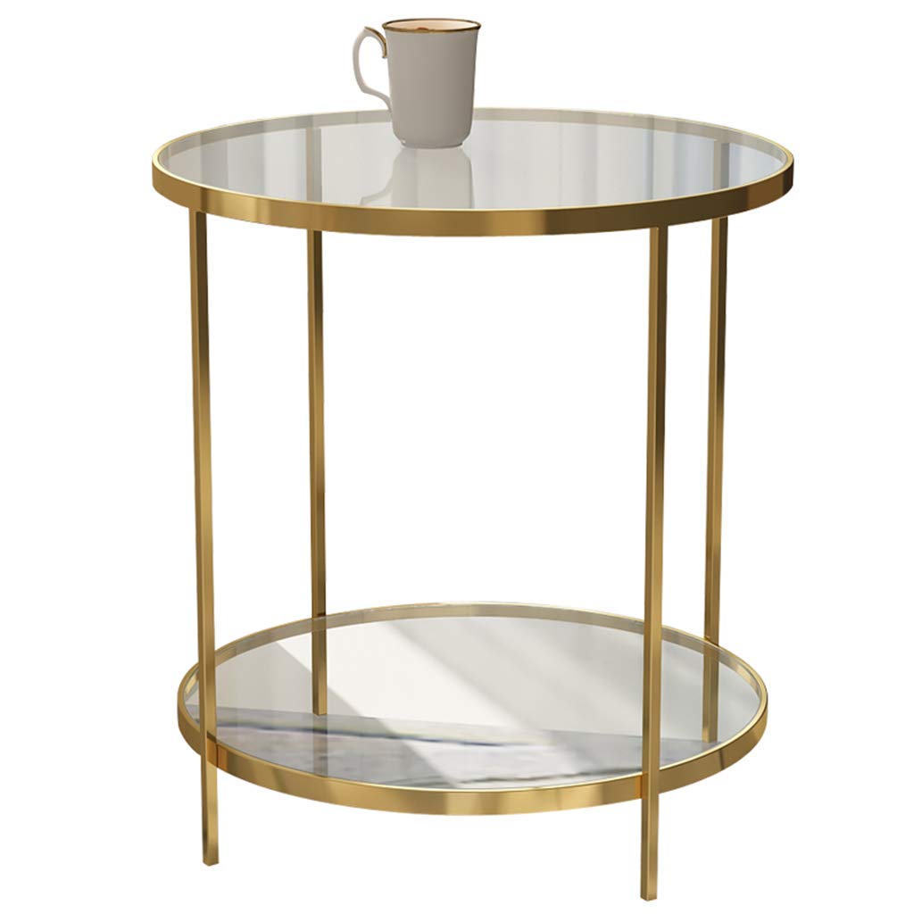 Table basse ronde en verre avec 2 niveaux de rangement et pieds dorés