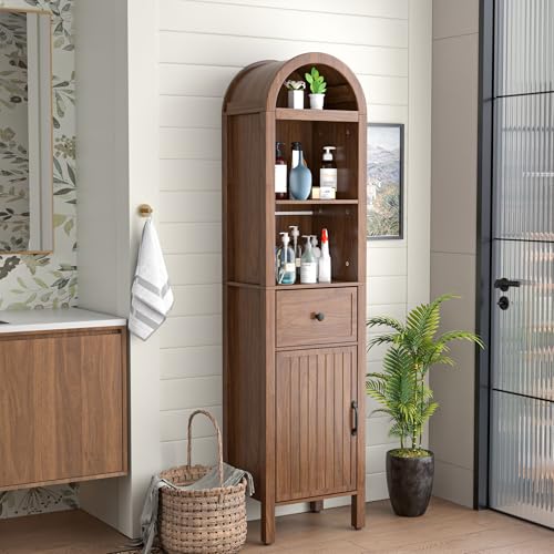 Lxsxlome 64' Tall Bathroom Storage Cabinet with Adjustable Shelves,Tall Narrow Arched Freestanding Tower Cabinet with Fluted Doors and Drawers,Space Saving Organizer for Bathroom Living Room (Walnut)