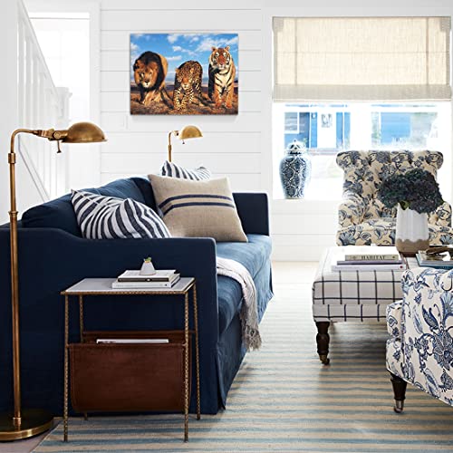 Purple Verbena Art Lions Tiger Leopard Pictures Canvas Print Artwork Beast Animals Photo Painting Wall Decor For Office Meeting Room School Office Modern Walls Decoration Gift 12X16 Inches Framed #TOP2