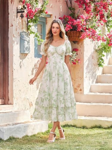 Image of Scarlet Darkness Women Floral Maxi Dress Puff Sleeve Tea Party Corset Dress | Pockets, Ruched Bust, Ruffled Hem, for Cottagecore Fairy Milkmaid Vacation