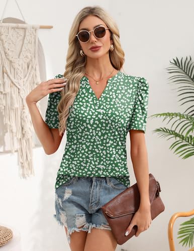 Image of Zeagoo Women Blouses Puff Short Sleeve Tops V Neck Dressy Casual Spring Shirts Boho Floral Cute Clothes 2026