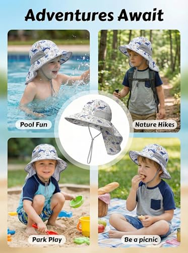 Image of icolor Kids Sun Hat Toddlers UPF50+Bucket Summer Beach Play Sun Protection Hats with Neck Flap for Ages 3~10 Girl Boy