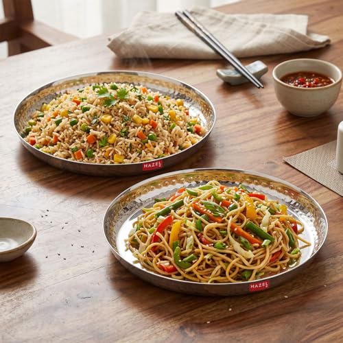 Image of HAZEL Stainless Steel Lunch Plate 25.5cm, Pack of 2 | Plate with Hammered Style Side Walls | Daily Use Dinner Plate Food Serving Plate for Restaurant Thali