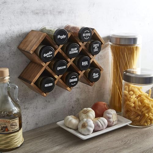 Image of Kamenstein 10 Jar Criss-Cross 2-in-1 Spice Organizer for Countertop or Wall with Spices Included, FREE Spice Refills for 5 Years, Gray Wash Bamboo with Black Caps