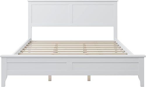 Miniatura 6 de Base de cama tamaño matrimonial gris con cabecera y estribo, cama de plataforma de tamaño matrimonial con soporte de listones de madera, marco de