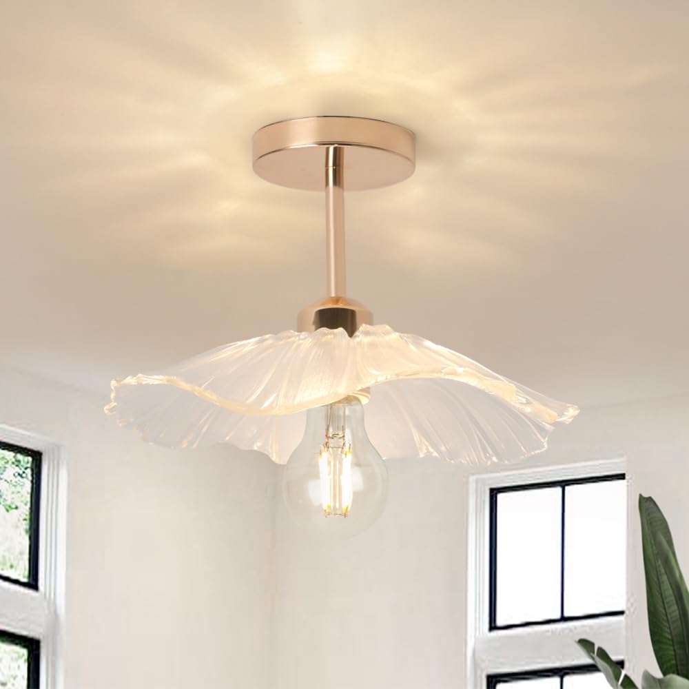 Lampara Techo y Lámpara Colgante 2-en-1,Luz led Techo para Habitación,Cocina,Salón,Pasillo,Habitación Infantil,Entrada,Escaleras,30CM,Flor Vidrio Pantalla de Lámpara,E27 Base,Oro