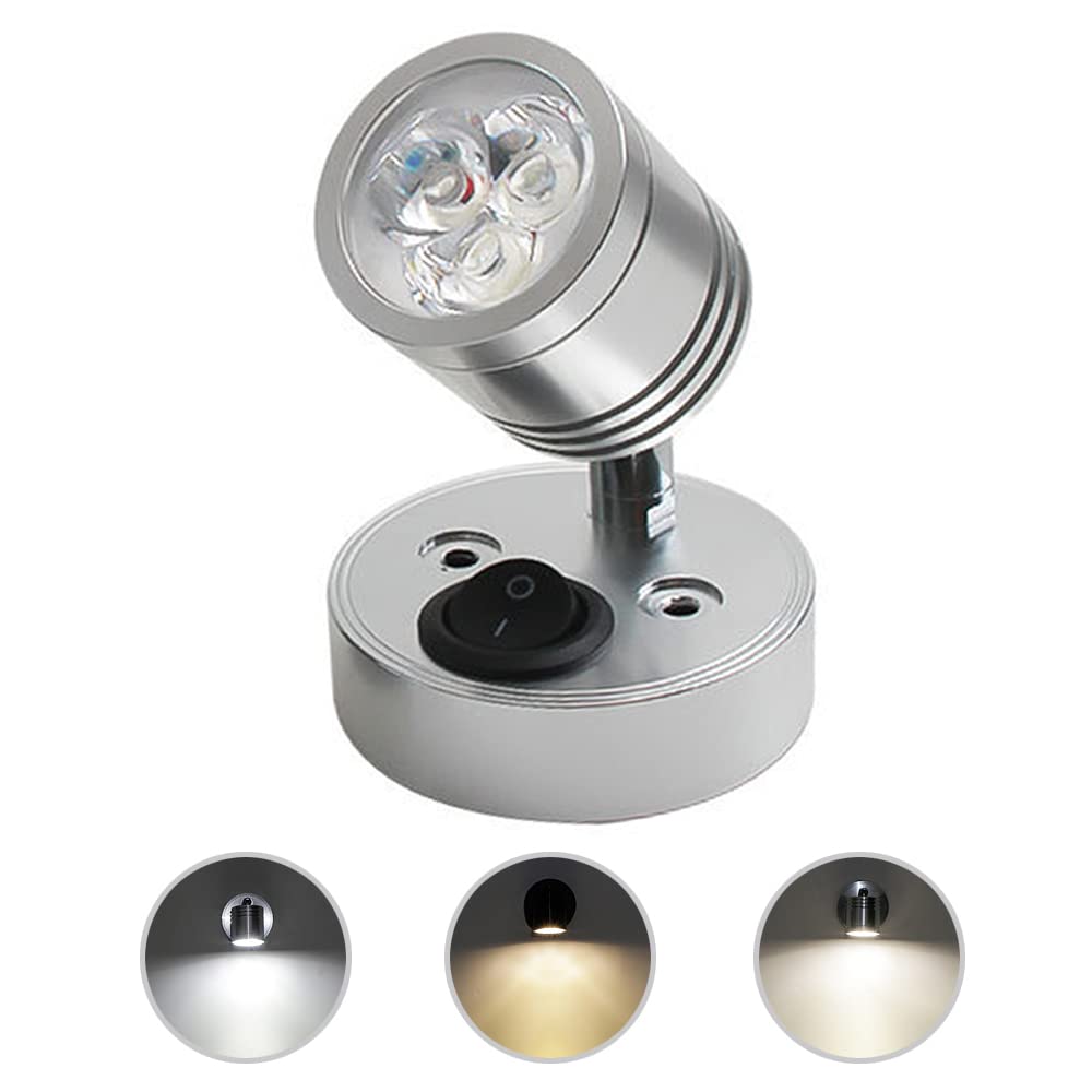 Cihely DC12V 3W RV Interior LED Spotlight Reading Light 3000-6500K Boat Bedside Seat 360°Swivel Wall Lights Fixtures with Switch for Car Trailer CamperMotorhome Yacht（Warm White 3000-3300K，Silver）