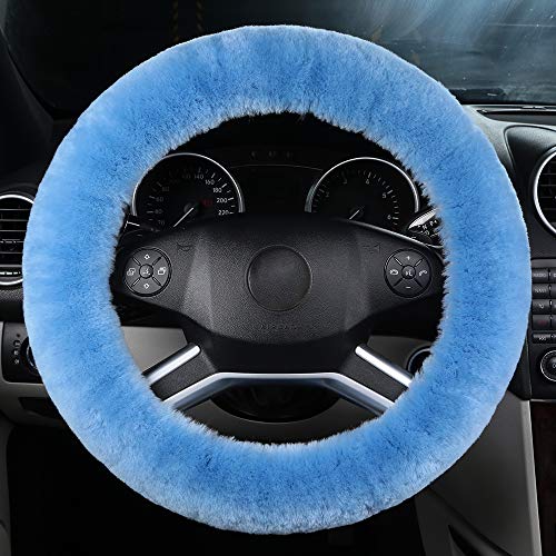 Fuzzy Fluffy Soft Wool Sheepskin Fur Blue Car Steering Wheel Cover For Adults Girls Women Men Protector Universal 14 1/2-15 1/2Inchs (Sky Blue) #TOP1