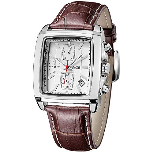 Preisvergleich Produktbild Armbanduhr Herren Uhren Rechteckig Braun Lederarmband Weiß Ziffernblatt Wasserdicht - Analog Chronographen Männer Uhren - Sport Silber Edelstahl Gehäuse mit Datum