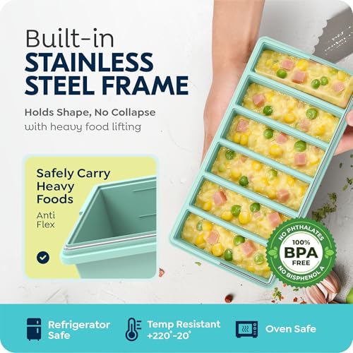 Image of 1 /2 Cup Silicone Freezer Molds with Lid, Soup Container Style Ice Cube Trays for Freezer - Reinforced Steel Ring Top for freezing Soup Sauce Broth Leftovers, Dishwasher & Oven Safe, BPA Free 2 Pack