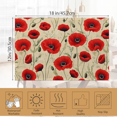 Poppy Flowers Placemats Set of 6,Red Bright Table Mates Non-Slip Heat Resistant Washable Linen Place Mats for Party Kitchen Dining Decoration Indoor Outdoor 12"x18" by ZTHLL - Used condition - Image 6