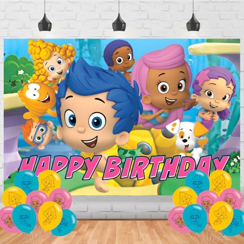 Guppies of Bubble Party Supplies5x3FT,Cartoon Guppies of Bubble Backdrop,Cartoon Theme Happy Birthday Party Banner for Boys and Girls Anime Party Decoration  