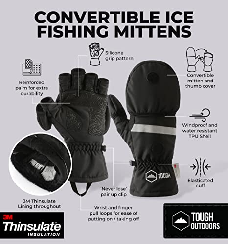 Ice Fishing Gloves - Cold Weather Fishing Gloves - 3M Thinsulate Winter Convertible Mittens W/ Finger Flaps - Waterproof Fingerless Fly Fishing Gloves - Photography Gloves For Cold Weather #TOP3