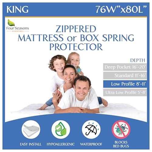 King Zippered Mattress Protector (8"-11" Depth) Waterproof Encasement Premium Quality Hypoallergenic Bed Cover Protects from Dust White