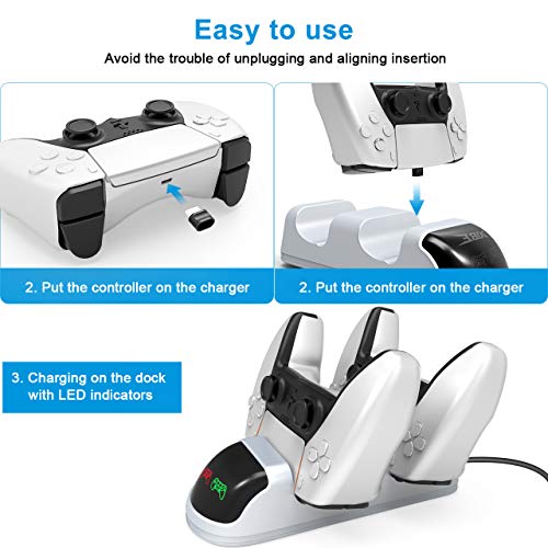 Gifort Ladestation für PS5 Controller, Dual Type C Charging Station mit LED Anzeige & Sicherer Chip, PS 5 Zubehör Ladegerät für Playstation 5 DualSense Controller inkl. USB Kabel, Weiß - Image 7