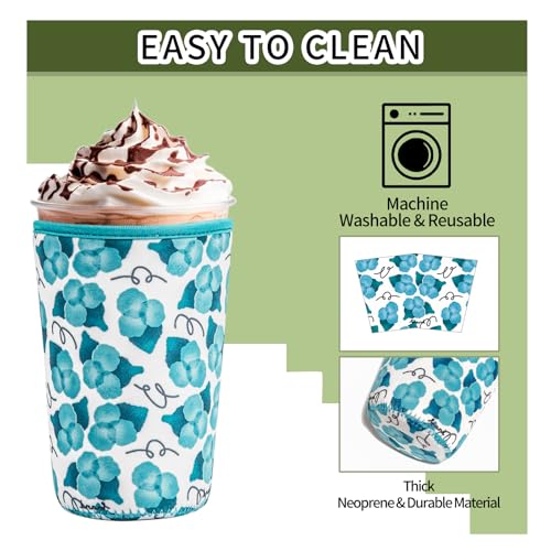Reusable Insulated Neoprene Iced Coffee Cup Sleeve, Durable Drink Sleeve for Cold Beverages, Beverage Holder for Iced Coffee, and Hot Drinks (Blue flower, S) - Thumbnail 4