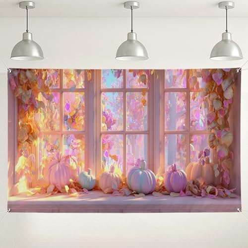 Sfondo con finestra di zucca decorazione vintage floreale autunnale per celebrazioni autunnali accogliente sfondo fotografico per interni ed esterni per feste del Ringraziamento 180 x 109 cm